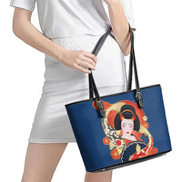 Japanese Geisha Koi Fish Leather Tote Bag Cherry Blossoms Blue Seigaiha Pattern LT14 - Polynesian Pride