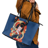 Japanese Geisha Koi Fish Leather Tote Bag Cherry Blossoms Blue Seigaiha Pattern LT14 - Polynesian Pride