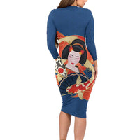 Japanese Geisha Koi Fish Long Sleeve Bodycon Dress Cherry Blossoms Blue Seigaiha Pattern LT14 - Polynesian Pride