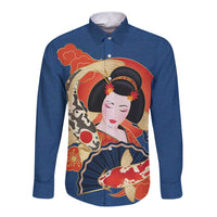Japanese Geisha Koi Fish Long Sleeve Button Shirt Cherry Blossoms Blue Seigaiha Pattern LT14 Unisex Blue - Polynesian Pride