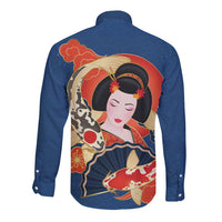 Japanese Geisha Koi Fish Long Sleeve Button Shirt Cherry Blossoms Blue Seigaiha Pattern LT14 - Polynesian Pride