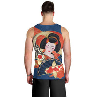 Japanese Geisha Koi Fish Men Tank Top Cherry Blossoms Blue Seigaiha Pattern LT14 - Polynesian Pride