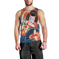 Japanese Geisha Koi Fish Men Tank Top Cherry Blossoms Blue Seigaiha Pattern LT14 - Polynesian Pride