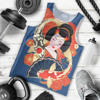 Japanese Geisha Koi Fish Men Tank Top Cherry Blossoms Blue Seigaiha Pattern LT14 - Polynesian Pride