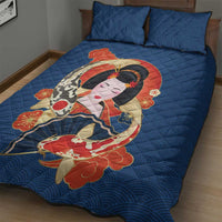 Japanese Geisha Koi Fish Quilt Bed Set Cherry Blossoms Blue Seigaiha Pattern - Polynesian Pride