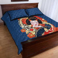 Japanese Geisha Koi Fish Quilt Bed Set Cherry Blossoms Blue Seigaiha Pattern - Polynesian Pride