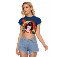 Japanese Geisha Koi Fish Raglan Cropped T Shirt Cherry Blossoms Blue Seigaiha Pattern LT14 Female Blue - Polynesian Pride