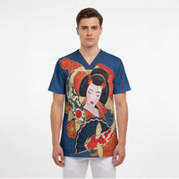 Japanese Geisha Koi Fish Scrub Top Cherry Blossoms Blue Seigaiha Pattern LT14 - Polynesian Pride