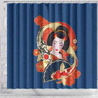 Japanese Geisha Koi Fish Shower Curtain Cherry Blossoms Blue Seigaiha Pattern LT14 - Polynesian Pride