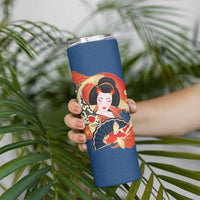 Japanese Geisha Koi Fish Skinny Tumbler Cherry Blossoms Blue Seigaiha Pattern LT14 - Polynesian Pride