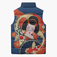 Japanese Geisha Koi Fish Sleeveless Puffer Jacket Cherry Blossoms Blue Seigaiha Pattern LT14 - Polynesian Pride