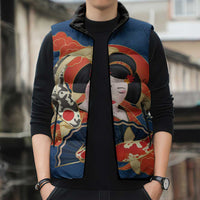Japanese Geisha Koi Fish Sleeveless Puffer Jacket Cherry Blossoms Blue Seigaiha Pattern LT14 - Polynesian Pride