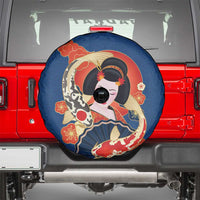 Japanese Geisha Koi Fish Spare Tire Cover Cherry Blossoms Blue Seigaiha Pattern LT14 - Polynesian Pride