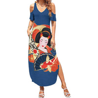Japanese Geisha Koi Fish Summer Maxi Dress Cherry Blossoms Blue Seigaiha Pattern LT14 Women Blue - Polynesian Pride