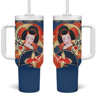 Japanese Geisha Koi Fish Tumbler With Handle Cherry Blossoms Blue Seigaiha Pattern LT14 One Size: 40 oz Blue - Polynesian Pride