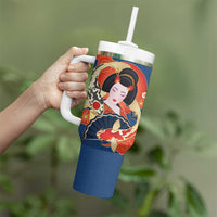 Japanese Geisha Koi Fish Tumbler With Handle Cherry Blossoms Blue Seigaiha Pattern LT14 - Polynesian Pride