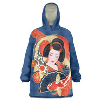 Japanese Geisha Koi Fish Wearable Blanket Hoodie Cherry Blossoms Blue Seigaiha Pattern LT14 One Size Blue - Polynesian Pride