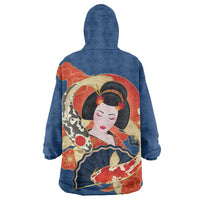 Japanese Geisha Koi Fish Wearable Blanket Hoodie Cherry Blossoms Blue Seigaiha Pattern LT14 - Polynesian Pride