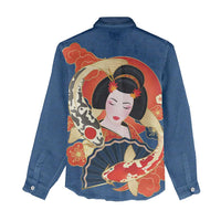 Japanese Geisha Koi Fish Women Casual Shirt Cherry Blossoms Blue Seigaiha Pattern LT14 - Polynesian Pride