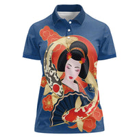 Japanese Geisha Koi Fish Women Polo Shirt Cherry Blossoms Blue Seigaiha Pattern LT14 Female Blue - Polynesian Pride