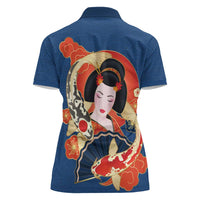 Japanese Geisha Koi Fish Women Polo Shirt Cherry Blossoms Blue Seigaiha Pattern LT14 - Polynesian Pride