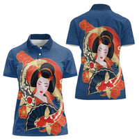 Japanese Geisha Koi Fish Women Polo Shirt Cherry Blossoms Blue Seigaiha Pattern LT14 - Polynesian Pride