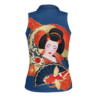Japanese Geisha Koi Fish Women Sleeveless Polo Shirt Cherry Blossoms Blue Seigaiha Pattern LT14 - Polynesian Pride