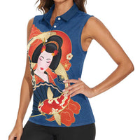 Japanese Geisha Koi Fish Women Sleeveless Polo Shirt Cherry Blossoms Blue Seigaiha Pattern LT14 - Polynesian Pride