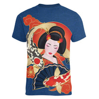 Japanese Geisha Koi Fish Women V-Neck T-Shirt Cherry Blossoms Blue Seigaiha Pattern LT14 - Polynesian Pride