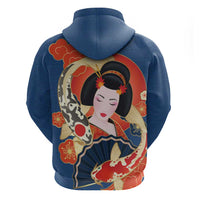 Japanese Geisha Koi Fish Zip Hoodie Cherry Blossoms Blue Seigaiha Pattern LT14 - Polynesian Pride