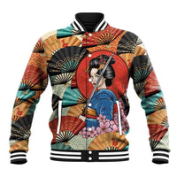 Japanese Geisha Katana Baseball Jacket Japan Sensu Seigaiha Pattern LT14 Unisex Multicolor - Polynesian Pride