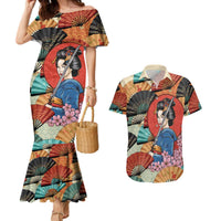 Japanese Geisha Katana Couples Matching Mermaid Dress and Hawaiian Shirt Japan Sensu Seigaiha Pattern - Polynesian Pride