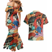Japanese Geisha Katana Couples Matching Mermaid Dress and Hawaiian Shirt Japan Sensu Seigaiha Pattern - Polynesian Pride