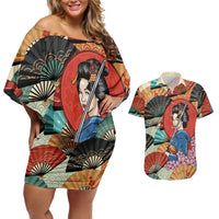 Japanese Geisha Katana Couples Matching Off Shoulder Short Dress and Hawaiian Shirt Japan Sensu Seigaiha Pattern - Polynesian Pride