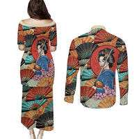 Japanese Geisha Katana Couples Matching Puletasi and Long Sleeve Button Shirt Japan Sensu Seigaiha Pattern LT14 - Polynesian Pride