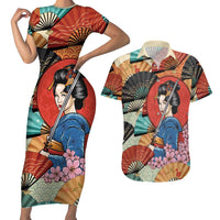 Japanese Geisha Katana Couples Matching Short Sleeve Bodycon Dress and Hawaiian Shirt Japan Sensu Seigaiha Pattern - Polynesian Pride