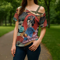 Japanese Geisha Katana Cross Shoulder Shirt Japan Sensu Seigaiha Pattern LT14 - Polynesian Pride