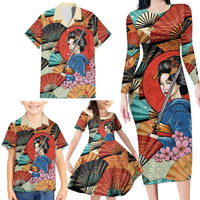Japanese Geisha Katana Family Matching Long Sleeve Bodycon Dress and Hawaiian Shirt Japan Sensu Seigaiha Pattern - Polynesian Pride