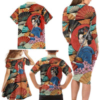 Japanese Geisha Katana Family Matching Long Sleeve Bodycon Dress and Hawaiian Shirt Japan Sensu Seigaiha Pattern - Polynesian Pride