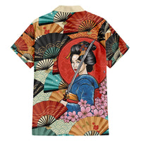 Japanese Geisha Katana Family Matching Long Sleeve Bodycon Dress and Hawaiian Shirt Japan Sensu Seigaiha Pattern - Polynesian Pride