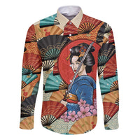 Japanese Geisha Katana Family Matching Long Sleeve Bodycon Dress and Hawaiian Shirt Japan Sensu Seigaiha Pattern - Polynesian Pride