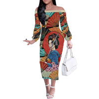 Japanese Geisha Katana Family Matching Off The Shoulder Long Sleeve Dress and Hawaiian Shirt Japan Sensu Seigaiha Pattern - Polynesian Pride