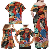 Japanese Geisha Katana Family Matching Off Shoulder Maxi Dress and Hawaiian Shirt Japan Sensu Seigaiha Pattern - Polynesian Pride