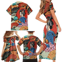 Japanese Geisha Katana Family Matching Short Sleeve Bodycon Dress and Hawaiian Shirt Japan Sensu Seigaiha Pattern - Polynesian Pride