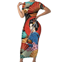 Japanese Geisha Katana Family Matching Short Sleeve Bodycon Dress and Hawaiian Shirt Japan Sensu Seigaiha Pattern - Polynesian Pride