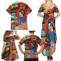 Japanese Geisha Katana Family Matching Summer Maxi Dress and Hawaiian Shirt Japan Sensu Seigaiha Pattern - Polynesian Pride