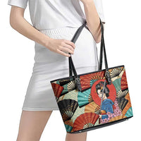 Japanese Geisha Katana Leather Tote Bag Japan Sensu Seigaiha Pattern LT14 - Polynesian Pride