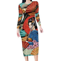 Japanese Geisha Katana Long Sleeve Bodycon Dress Japan Sensu Seigaiha Pattern LT14 Long Dress Multicolor - Polynesian Pride