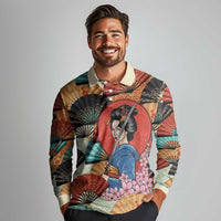 Japanese Geisha Katana Long Sleeve Polo Shirt Japan Sensu Seigaiha Pattern LT14 - Polynesian Pride