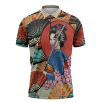 Japanese Geisha Katana Zipper Polo Shirt Japan Sensu Seigaiha Pattern LT14 Multicolor - Polynesian Pride